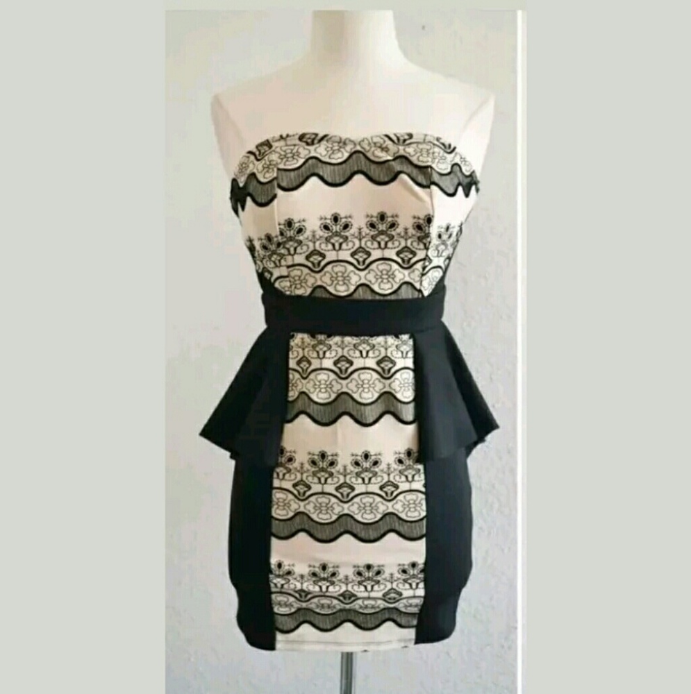 Tan & black pattern strapless dress